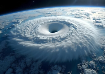 large hurricane spiral over the ocean, satellite view