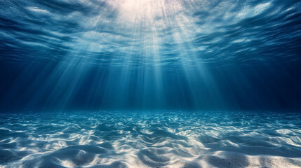Wall Mural - underwater background deep blue sea and beautiful light rays with sandy floor: an underwater scene w