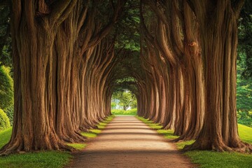 Wall Mural - A cypress tree-lined path in a serene park, their towering trunks creating a natural tunnel