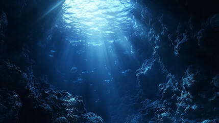 Wall Mural - underwater sea - deep water abyss with blue sunlight: an underwater scene depicting the deep sea wit