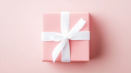 Soft pink minimalist gift box wrapped in a white ribbon, set against a pastel background, radiating elegance and understated charm.