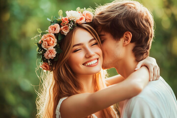 A young couple shares an intimate embrace in a natural setting, with the woman wearing a floral crown, radiating love and happiness