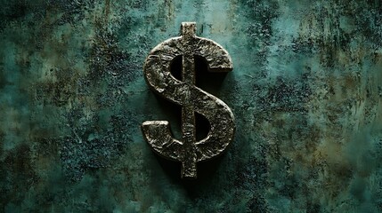 Textured rough stone illustration wallpaper dollar sign symbol on a green grainy background, concept of cash and money