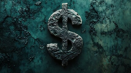 Textured rough stone illustration wallpaper dollar sign symbol on a green grainy background, concept of cash and money