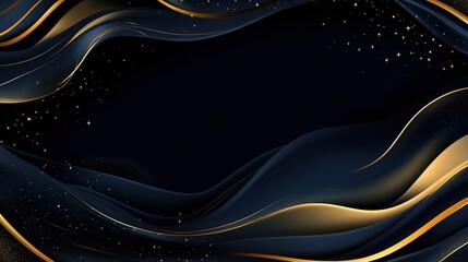 Elegant black and gold abstract background with flowing waves and stars