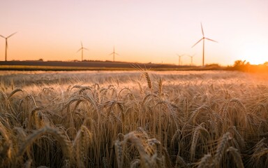 Golden wheat field with wind turbine at morning. Renewable energy in countryside