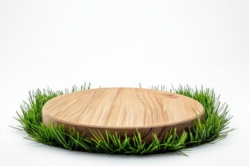 Wooden podium with green grass, white background for product presentation. Fresh grass and green concept.