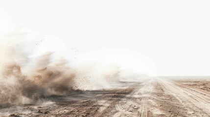 Dust cloud billowing from a dirt road in the desert