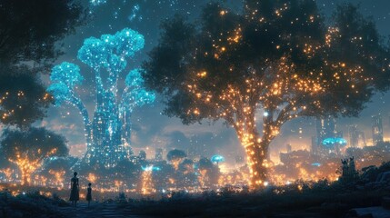 ai-enhanced city park, with glowing trees and robotic wildlife