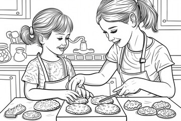 Two young girls, one Caucasian and one Hispanic, joyfully baking cookies together in a cozy kitchen filled with bright colors.