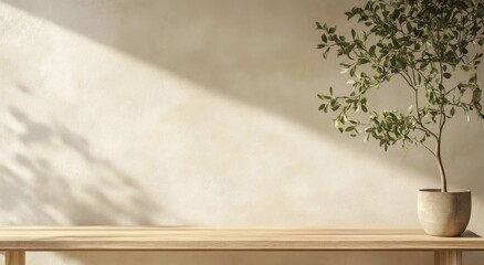 Wall Mural -  a light-colored wall featuring a wooden table and a plant on the right side, presented in a front view, ideal for web banners with ample copy space on the left.