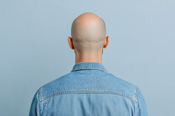 A person with a shaved head is seen from behind, wearing a denim shirt against a light blue backdrop.