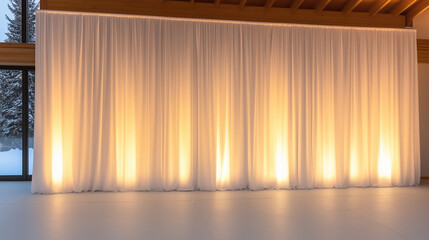 A large white fabric backdrop illuminated by warm lights, creating a soft and elegant atmosphere.