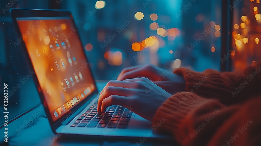 A photograph of hands typing on a laptop, warm ambient light from the ...