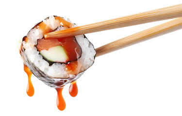 Wall Mural - Delicious sushi roll with fresh ingredients, dripping soy sauce, held by chopsticks, cut out