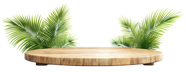 Poster - Wooden round platform with green palm leaves, cut out