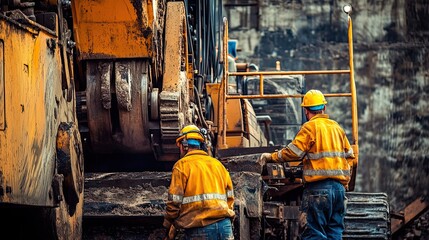 Two Construction Workers Standing Near a Large Yellow Excavator