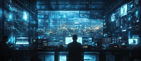 Wall Mural - a man sits in front of a bank of computer monitors overlooking a futuristic city.