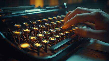 Canvas Print - Close-up of hands typing on a vintage typewriter-style keyboard with round keys, illuminated by a soft amber light, dark office background with blurred books and papers, focus on key details,