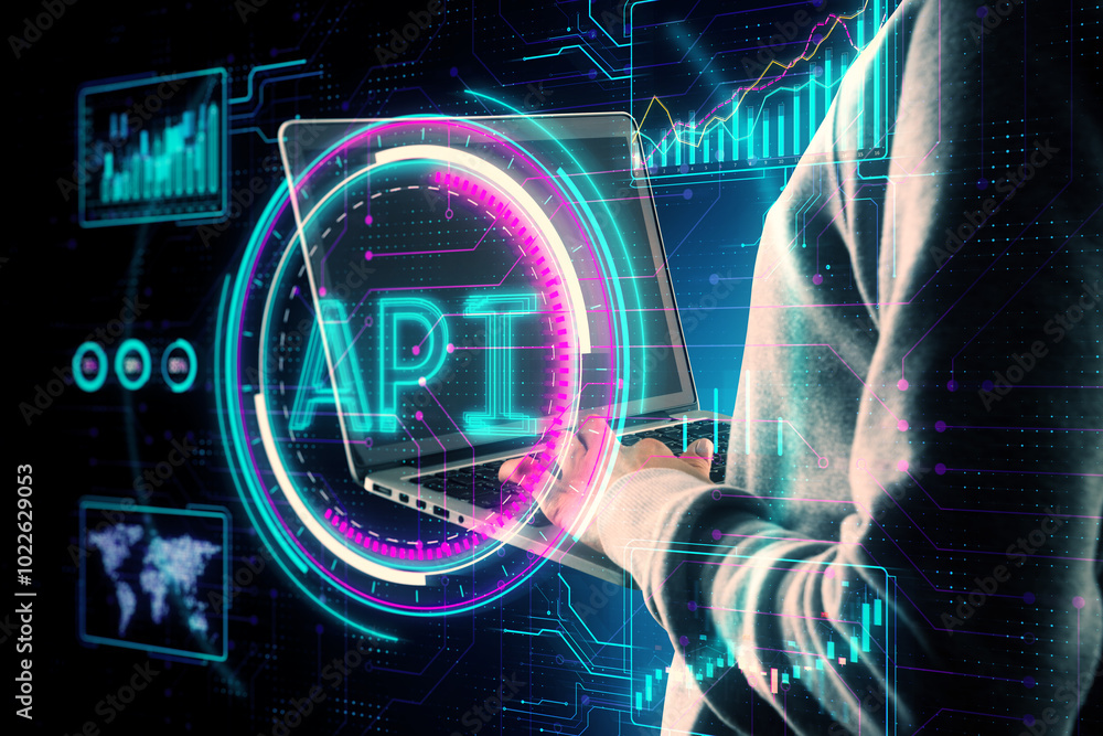 Hacker using laptop keyboard with creative API hologram on blurry ...