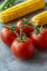 Fresh red tomatoes on the vine share the spotlight with sweet corn, celebrating the essence of World Vegan Day. This colorful arrangement highlights healthy, plant-based eating