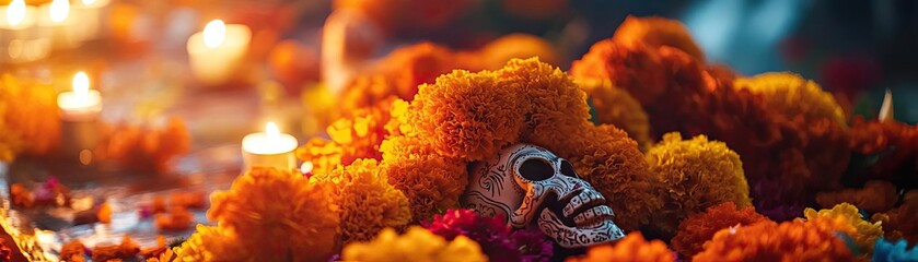 Vibrant marigold flowers surround a decorative skull for Dia de los Muertos, symbolizing remembrance and celebration of life.