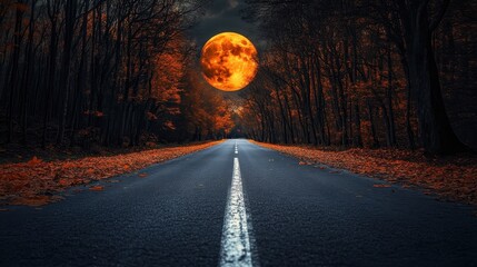 halloween night scene on a highway in the forest with an orange full moon, decorative card design, background, wallpaper, banner and poster