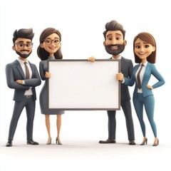 Diverse business team holding whiteboard for presentation in modern office