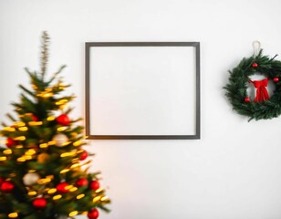 Canvas Print - A blank picture frame hanging on a wall next to a decorated Christmas tree with lights and ornaments, white wall