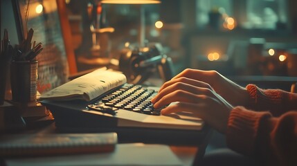 Canvas Print - Hands typing on a keyboard with an open notebook and a pen placed beside it, natural light creating a calm workspace atmosphere, blurred background with office decor,