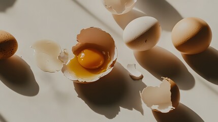 Cracked egg with yolk spilling out surrounded by empty eggshells, symbolizing food safety recall on clean white surface