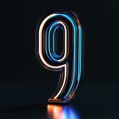 A sleek 3D representation of the number 9 with a futuristic design and glowing neon blue edges, floating against a dark background with subtle digital wave patterns.