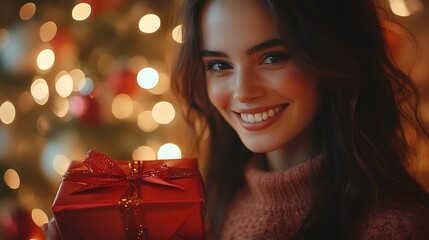 Happy woman holding a red gift box in front of a Christmas tree.