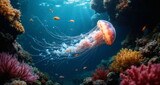 Podwodny świat raf koralowych. Grafika przedstawia bogactwo życia kryjące się w oceanach. Widzimy kolorowe rybki i stworzenia wodne.  Na pierwszym planie znajduje się meduza.
