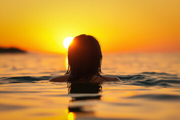 Sticker - Stunning Model Swimming In Ocean At Sunset