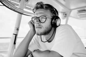 Wall Mural - Man wearing glasses and headphones is lying down on a boat. The man is wearing a white shirt and he is listening to music