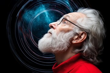 Poster - Man with a beard and glasses looking up at a circle. The circle is blurry and has a blue tint