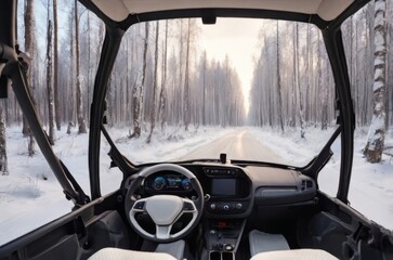 An unmanned vehicle equipped with artificial intelligence is driving on a winter road. View from the car interior to the road.