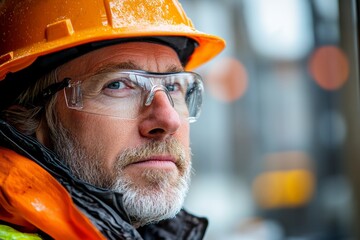 Man wearing an orange hard hat and safety glasses. He is looking at the camera. Concept of caution and safety in a work environment