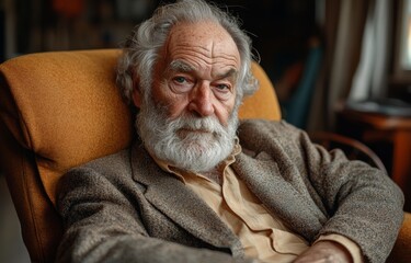 Wall Mural - An older man with a beard and gray hair is sitting in a chair. He is wearing a brown jacket and a white shirt