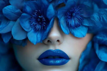 Sticker - Woman with blue flowers on her face. The flowers are blue and the woman's lips are also blue