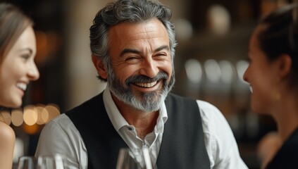 Poster - Man with a big smile is sitting at a table with two women. The man is wearing a vest and the women are smiling. Scene is happy and friendly