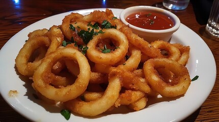 Poster - Crispy Onion Rings with Dipping Sauce on Plate