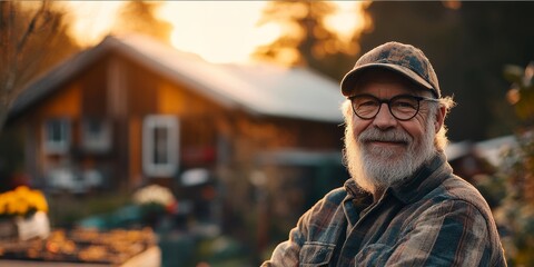 Sticker - Man with a beard and glasses is smiling in front of a house. He is wearing a hat and a plaid shirt