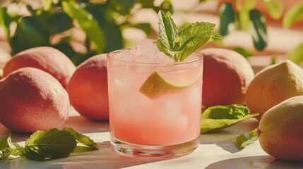 Refreshing Pink Cocktail with Mint and Citrus Garnish