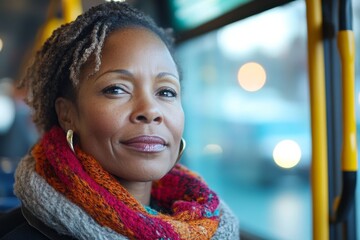 Wall Mural - Woman wearing a scarf and earrings is sitting on a bus. She is smiling and looking out the window