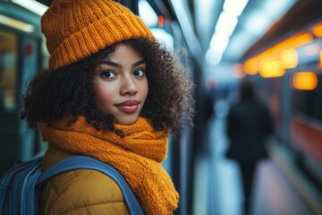 Sticker - Woman wearing a yellow hat and scarf stands in a subway station. She is smiling and looking at the camera