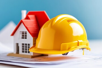 Yellow hard hat is on top of a house. The house is red and white. The hat is on top of a piece of paper