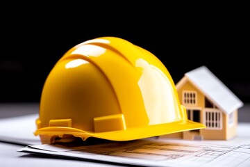 Yellow hard hat is on top of a piece of paper with a house in the background. Concept of construction or building work, with the hard hat symbolizing safety and protection for the workers