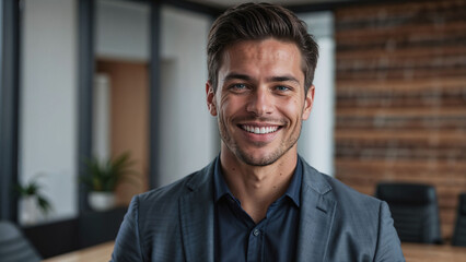 Confident young businessman with a bright smile standing in a stylish, modern office environment